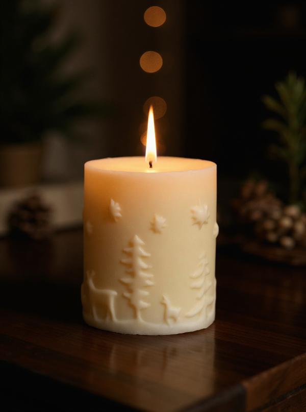 Kerze mit Rentieren und Tannen
